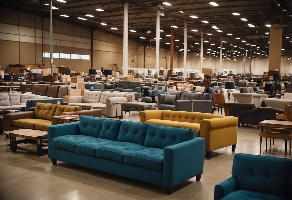 A bustling furniture warehouse sale with rows of discounted sofas, tables, and chairs. Customers browse, while staff restock and assist. Signs advertise markdowns and special deals