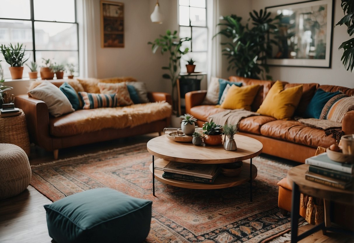 A cozy bohemian living room with colorful rugs, low-slung sofas, floor cushions, and eclectic artwork on the walls