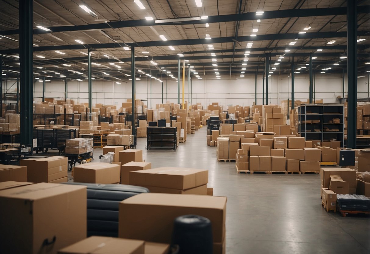 A busy furniture warehouse with signs advertising after-sale services and policies. Shelves stocked with various furniture items, customers browsing and staff assisting
