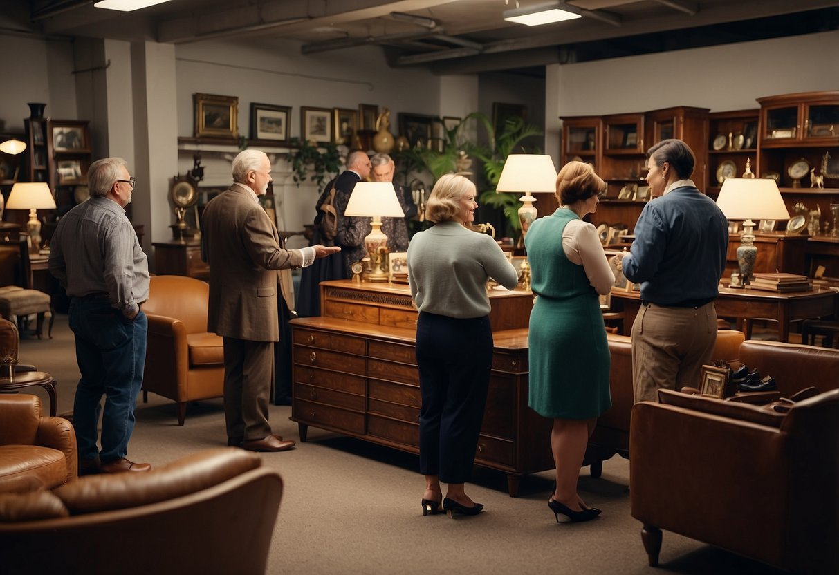 A group of people browsing through a collection of vintage furniture, asking questions to the seller about the items' history and condition