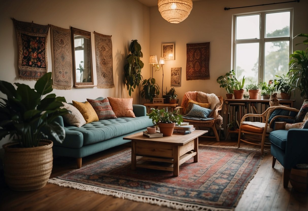 A cozy living room with eclectic furniture, colorful rugs, and floor cushions. Plants and tapestries add a bohemian touch. Warm lighting and vintage decor complete the relaxed, artistic ambiance