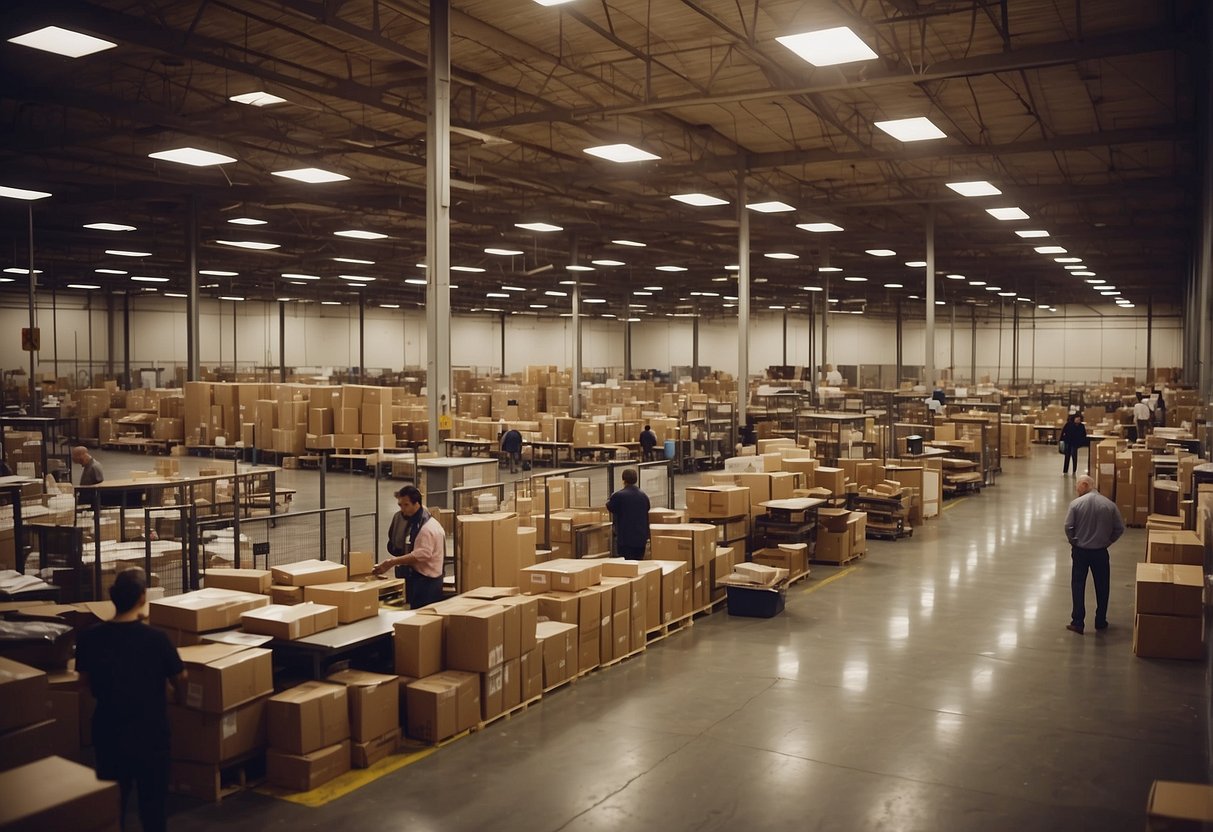 A bustling warehouse filled with discounted furniture, customers browsing through the wide selection, staff assisting with inquiries, and prominent signage indicating "Frequently Asked Questions" section