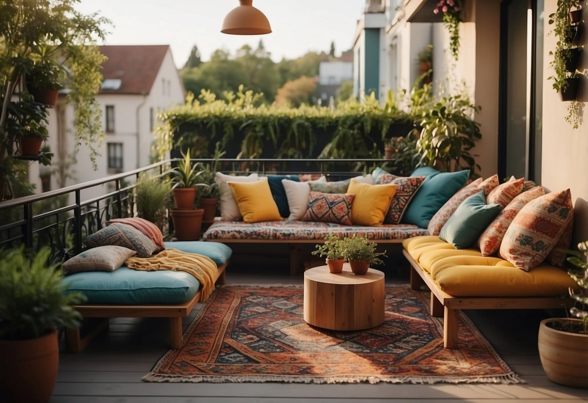 A cozy balcony adorned with hanging plants, string lights, and colorful bohemian textiles. A low table set with floor cushions invites relaxation and conversation