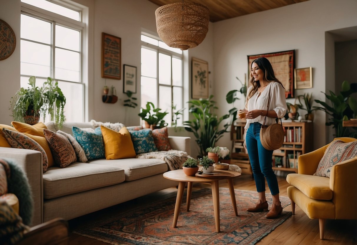 A person choosing bohemian furniture in a vibrant living room setting. Colorful patterns, cozy textiles, and eclectic decor create a relaxed and inviting atmosphere