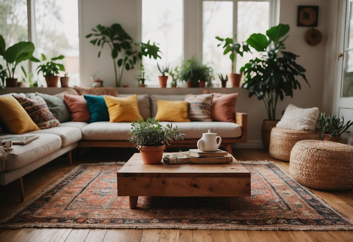 A cozy bohemian living room with a low wooden coffee table surrounded by colorful floor cushions, a vintage rug, and a variety of plants