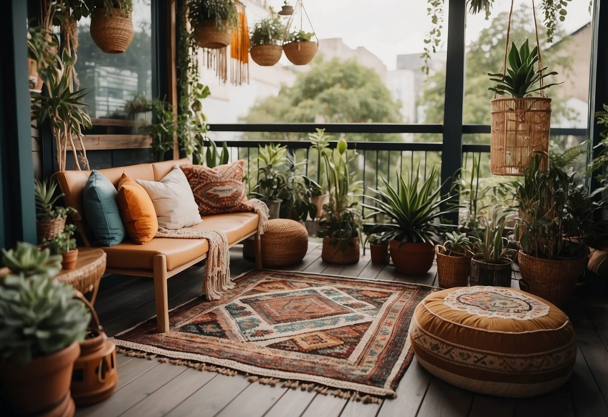 A cozy balcony adorned with colorful rugs, hanging plants, and macrame wall hangings. Low seating surrounded by vibrant cushions and lanterns creates a bohemian oasis