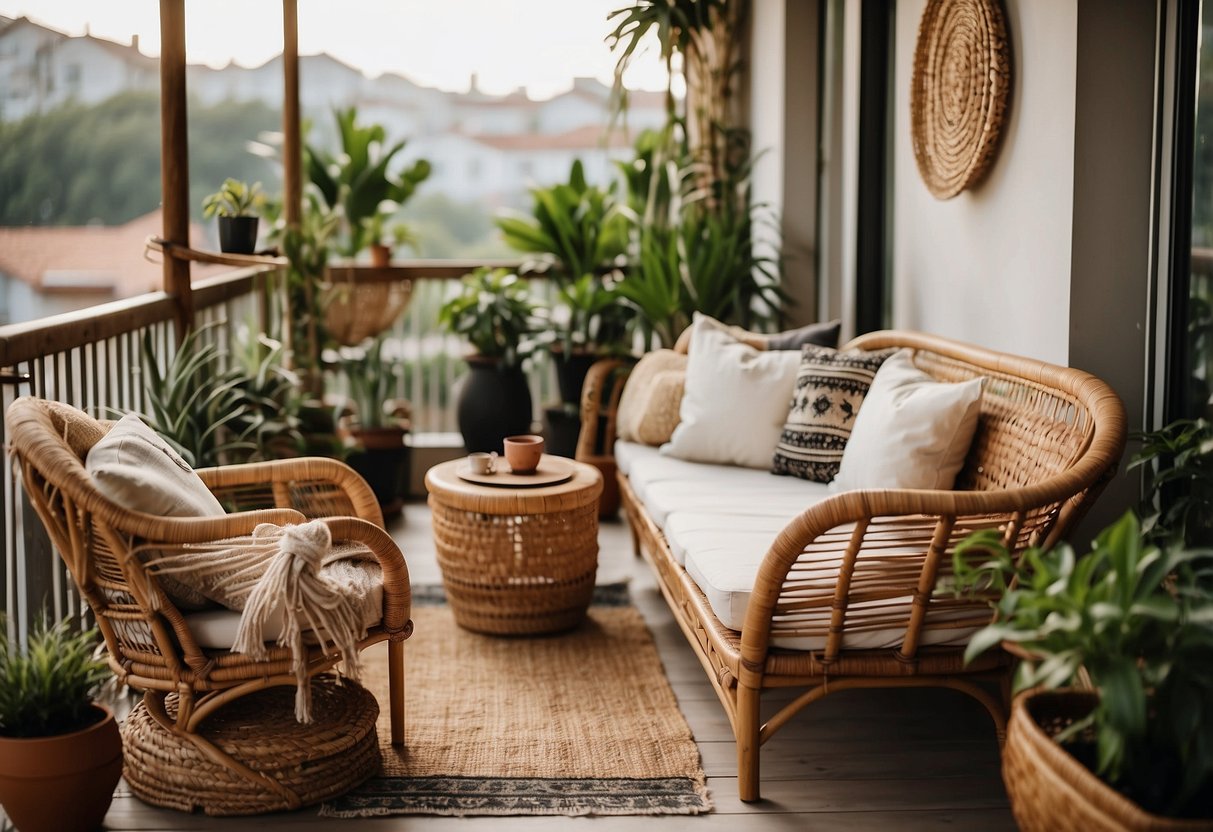 A cozy balcony adorned with rattan furniture, hanging plants, and woven rugs. Natural materials like wood and bamboo create a boho-chic atmosphere