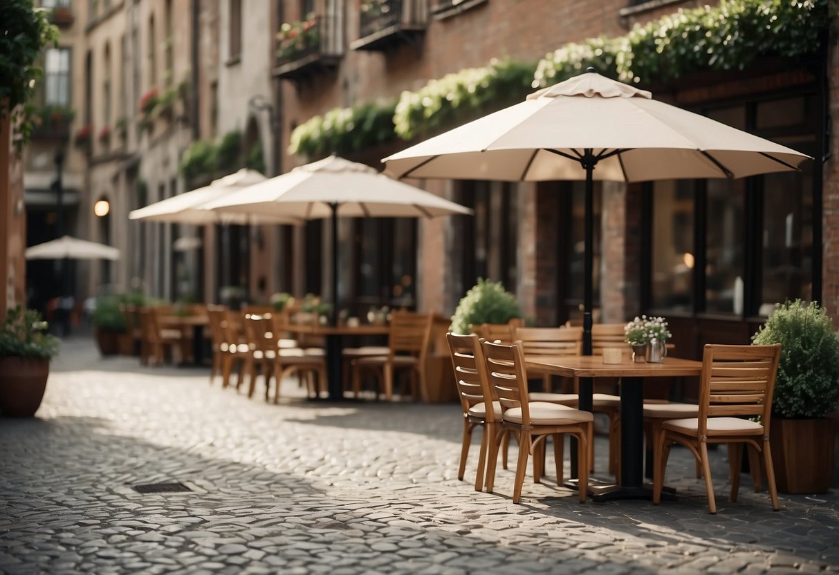 An outdoor cafe with wooden tables and chairs arranged under umbrellas on a cobblestone patio