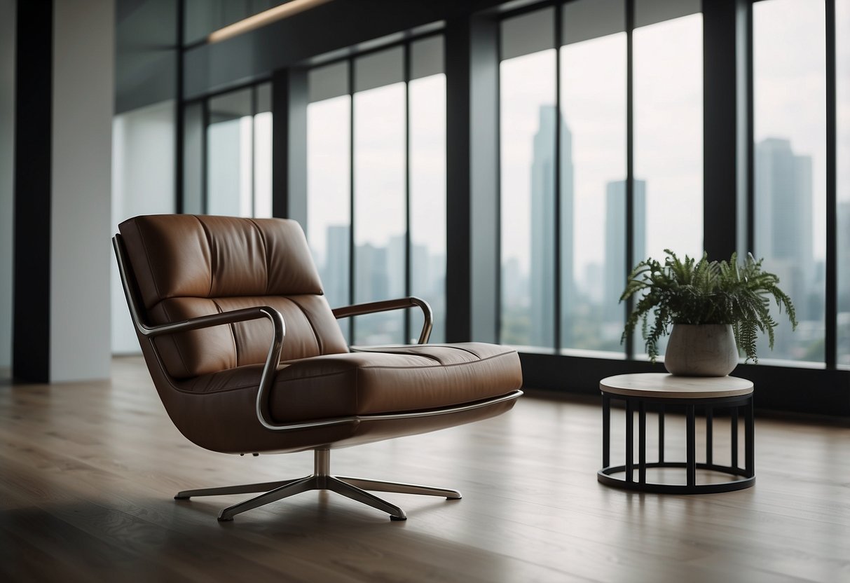 A sleek, modern chair with geometric lines and adjustable components sits in a minimalist room with clean, uncluttered surroundings