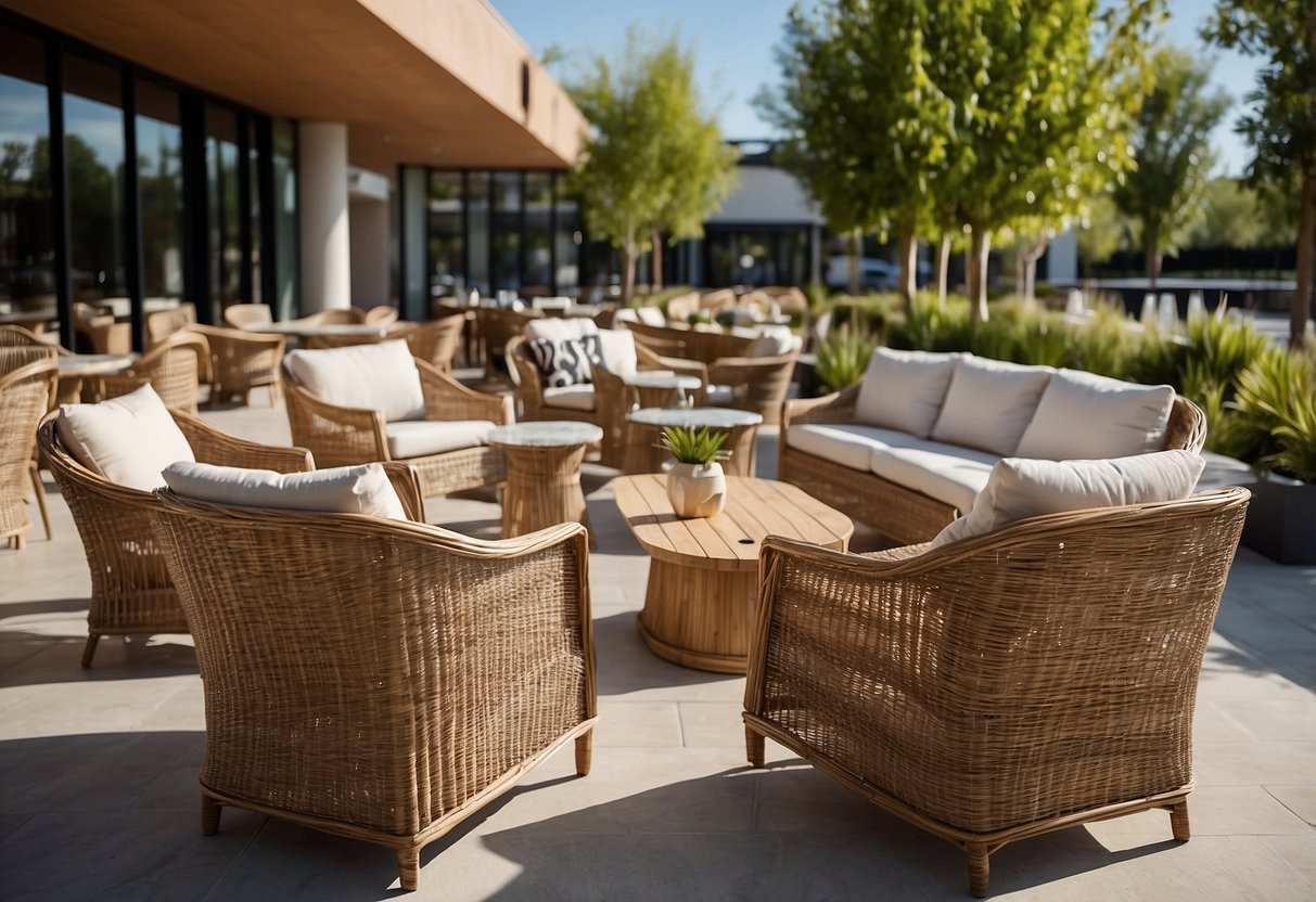 A variety of durable and stylish outdoor cafe furniture, including metal, wood, and wicker options, are displayed in a spacious showroom with natural lighting