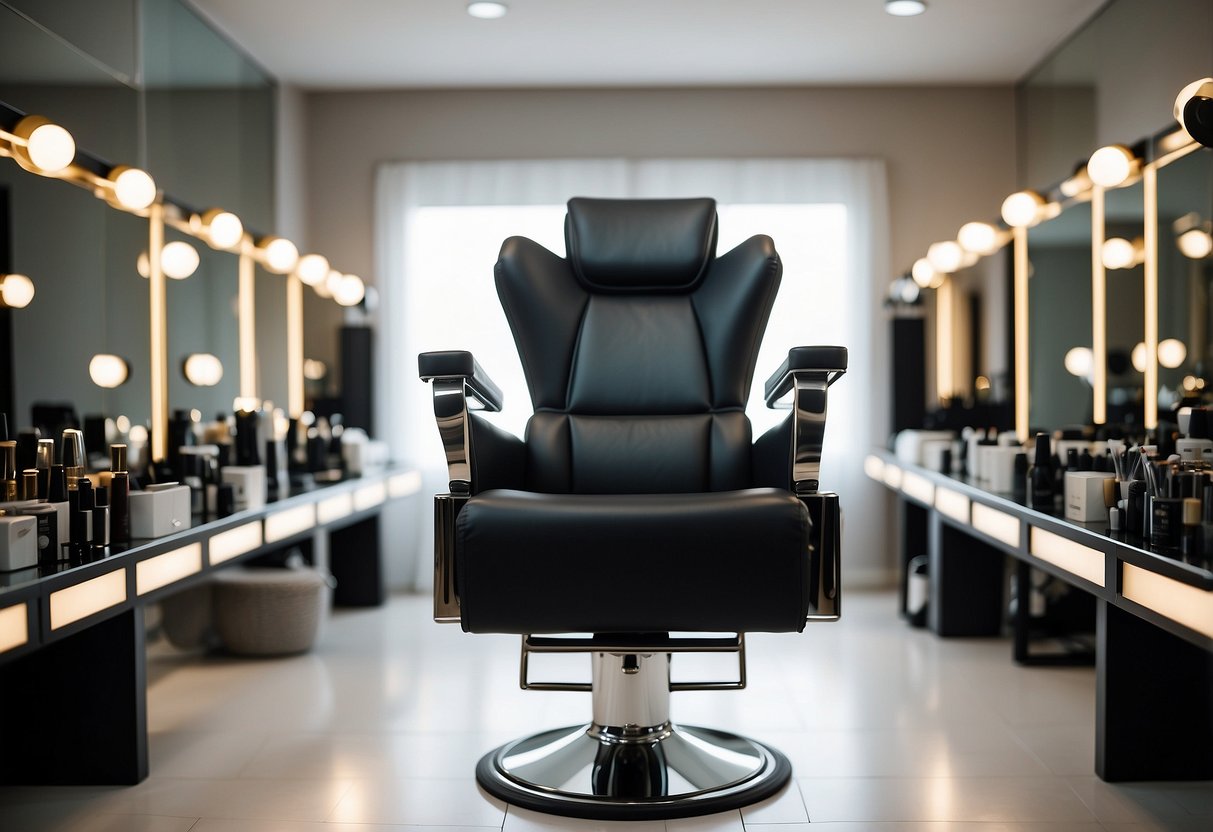 A sleek salon chair sits between mirrored stations, with shelves of styling products and tools neatly arranged nearby