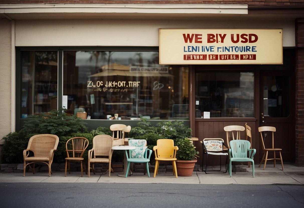 A storefront with a "We Buy Used Furniture" sign, featuring a variety of chairs, tables, and other household items displayed outside