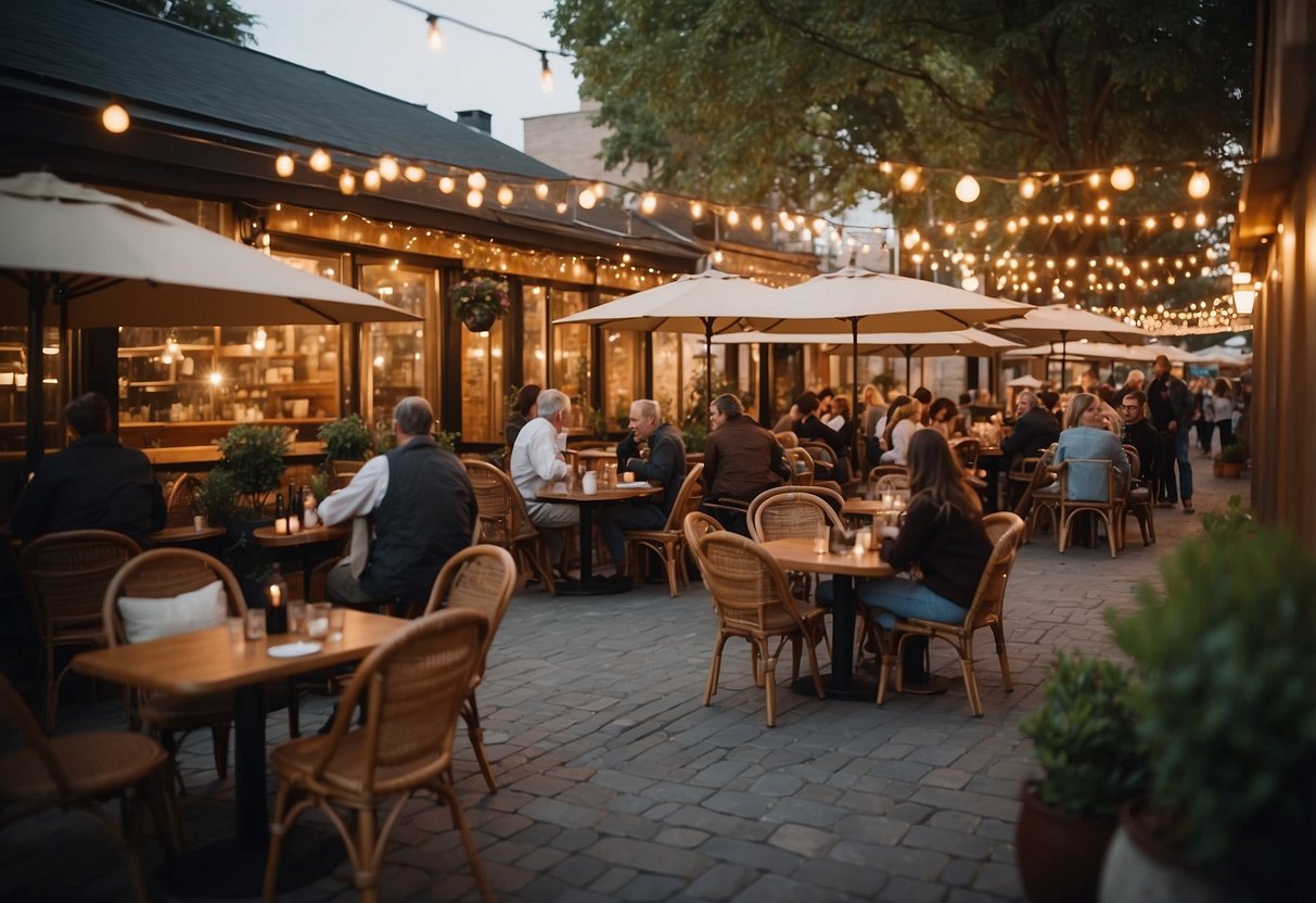 The outdoor cafe is bustling with activity, with patrons enjoying their meals at quaint bistro tables and chairs. The warm glow of string lights overhead adds a cozy ambiance to the scene