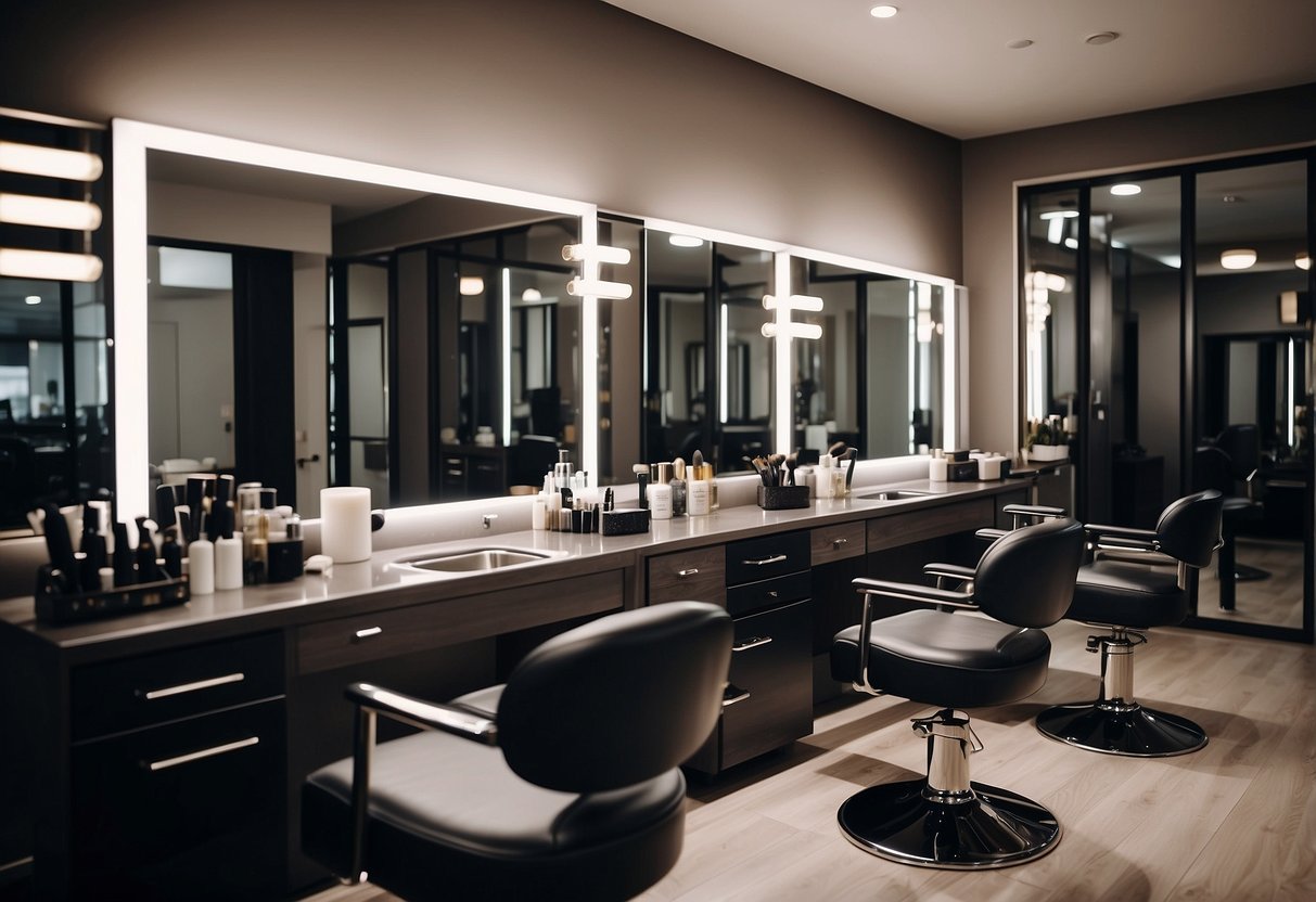 A salon chair, sleek and modern, sits in front of a large mirror with bright lights. A stylish, organized workstation holds various hairdressing tools and products