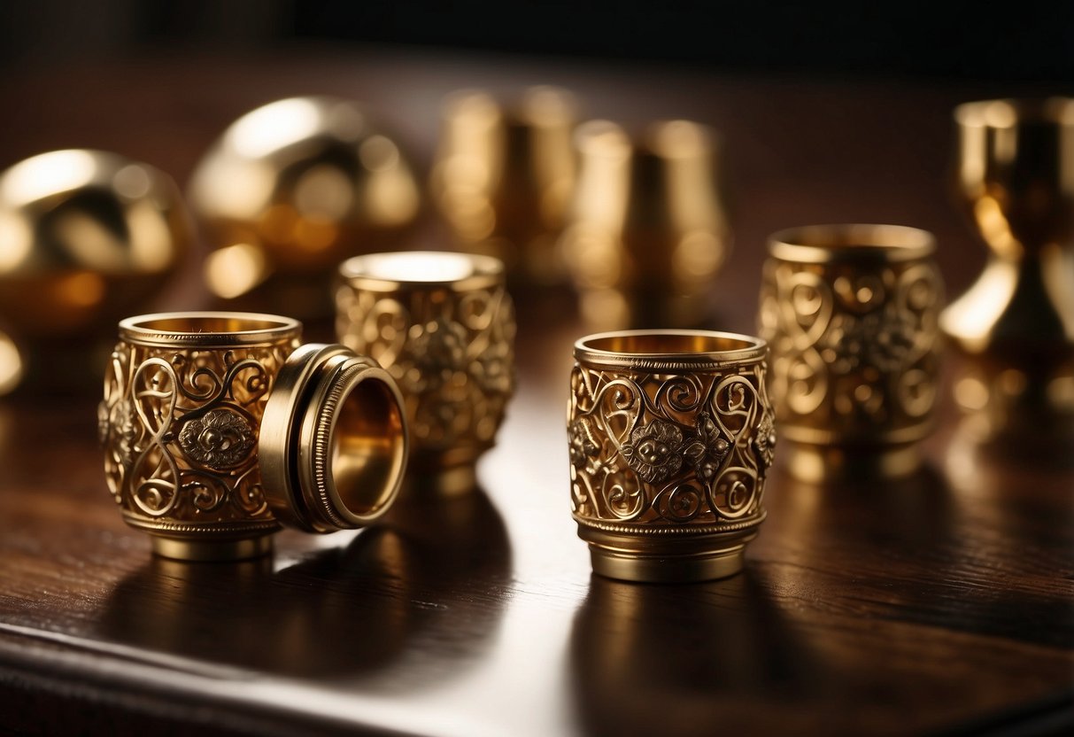 Brass furniture fittings gleam under warm lighting, casting intricate shadows on polished wood surfaces