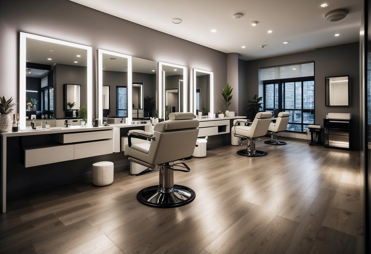 A bright, modern salon space with sleek hairdressing furniture arranged for maximum functionality and style. Mirrors reflect the clean lines and contemporary aesthetic, creating an inviting atmosphere for clients