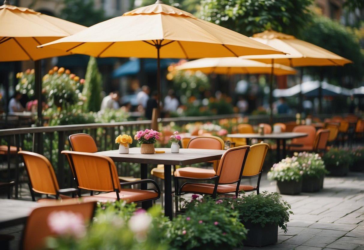 An outdoor cafe with colorful tables and chairs arranged neatly under umbrellas, surrounded by lush greenery and blooming flowers