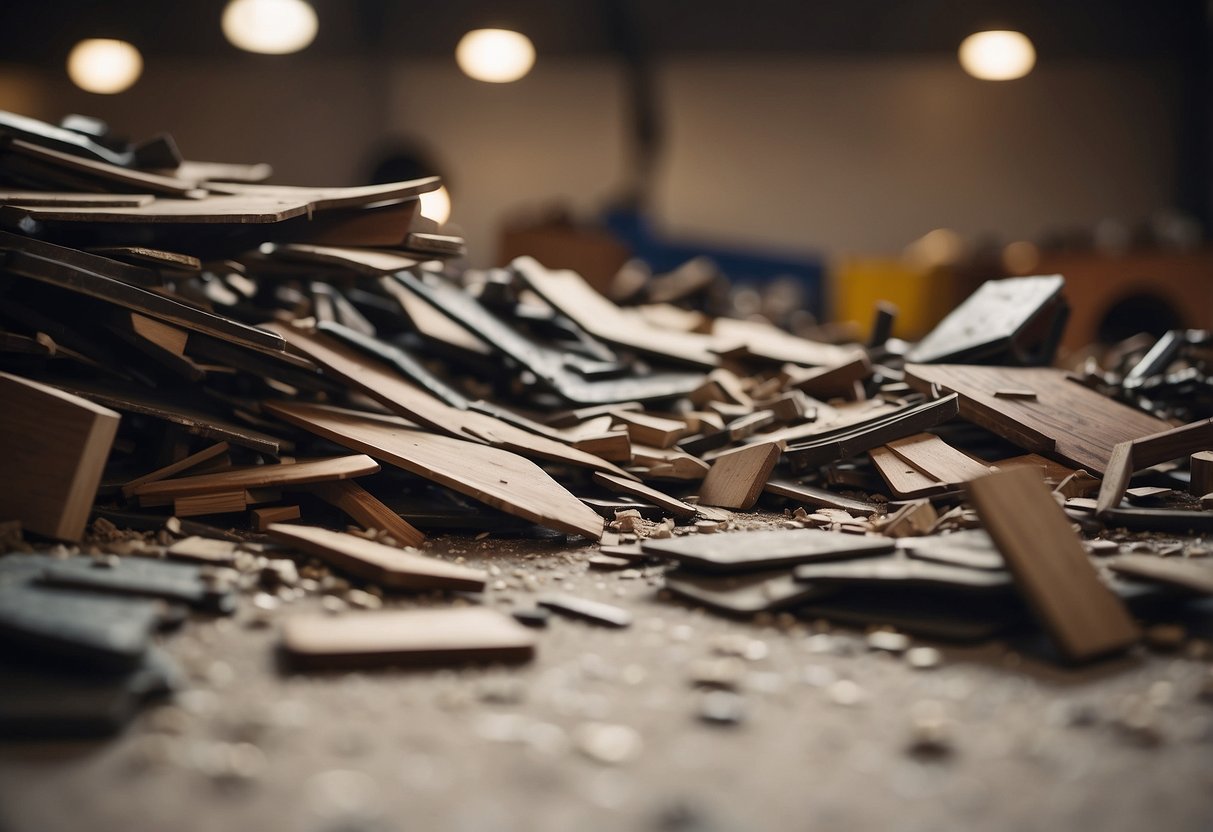 A pile of broken IKEA furniture scattered on the floor. Pieces of wood and metal strewn about, with visible cracks and damage