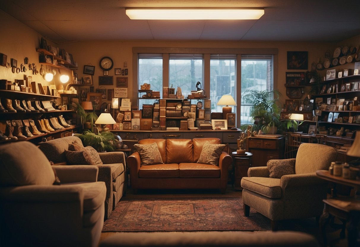 A cozy, cluttered thrift store with shelves of unique, worn furniture. A sign advertises "We Buy Used Furniture" in bold letters