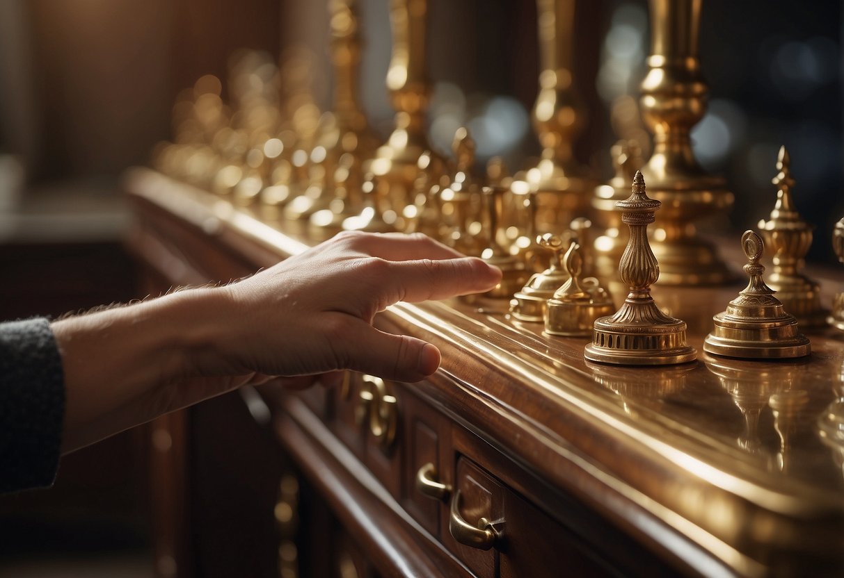 A hand reaching for brass furniture fittings