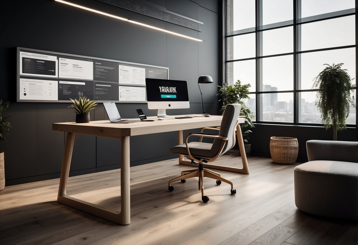A modern, minimalist workspace with sleek parametric furniture and a wall display of frequently asked questions