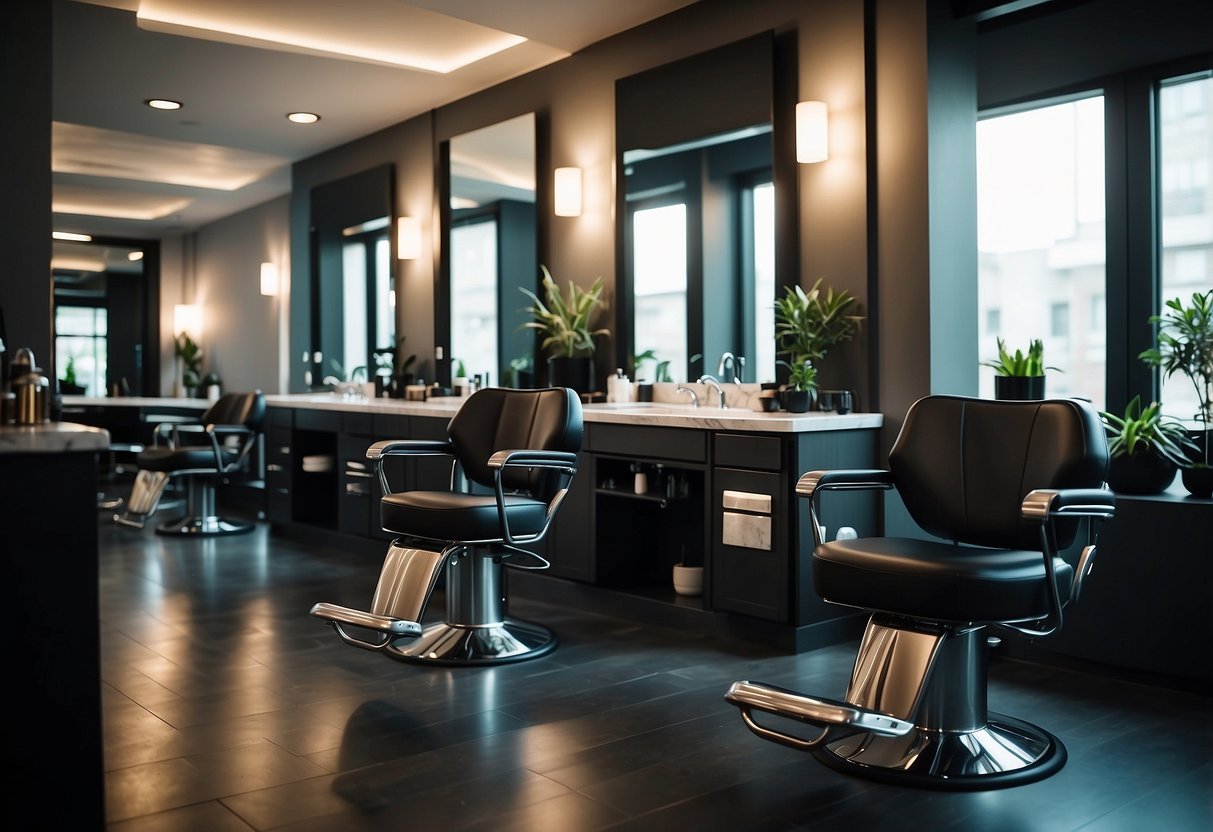 A modern salon chair with a sleek design, adjustable height, and comfortable padding. Nearby, a stylish hair washing station with a reclining chair and a large, well-lit mirror