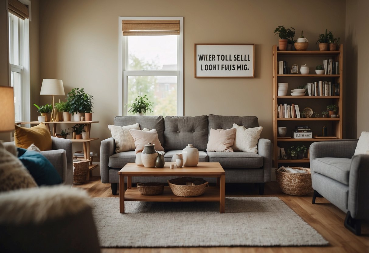 A cozy living room with shelves filled with second-hand furniture, a sign reading "Where to Buy and Sell Pre-Loved Furniture" hangs on the wall