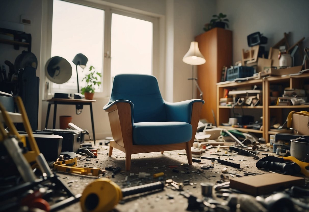 A broken IKEA chair sits in a cluttered room. A person examines the damage, holding a screwdriver and spare parts