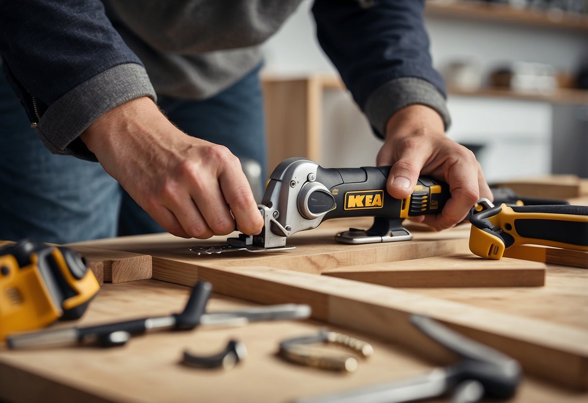 A person fixing broken ikea furniture with tools and glue