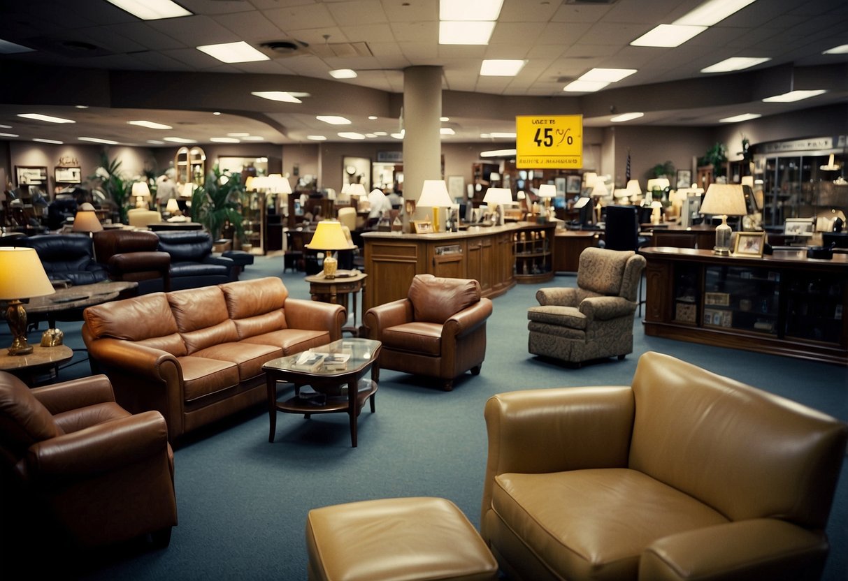 A cluttered furniture store with a "Frequently Asked Questions" sign and a line of customers selling their used items