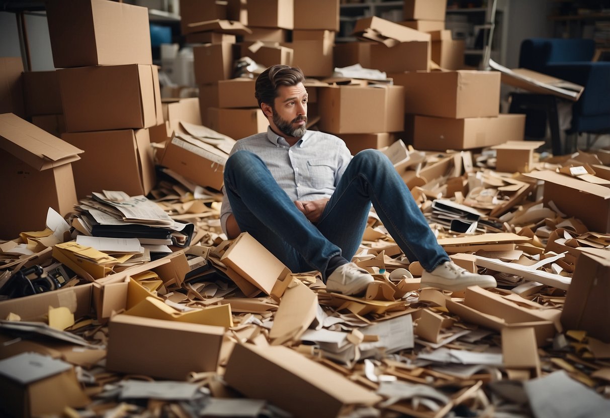 A pile of broken IKEA furniture with scattered parts and instruction manuals. An exasperated customer looks on, surrounded by pieces in disarray