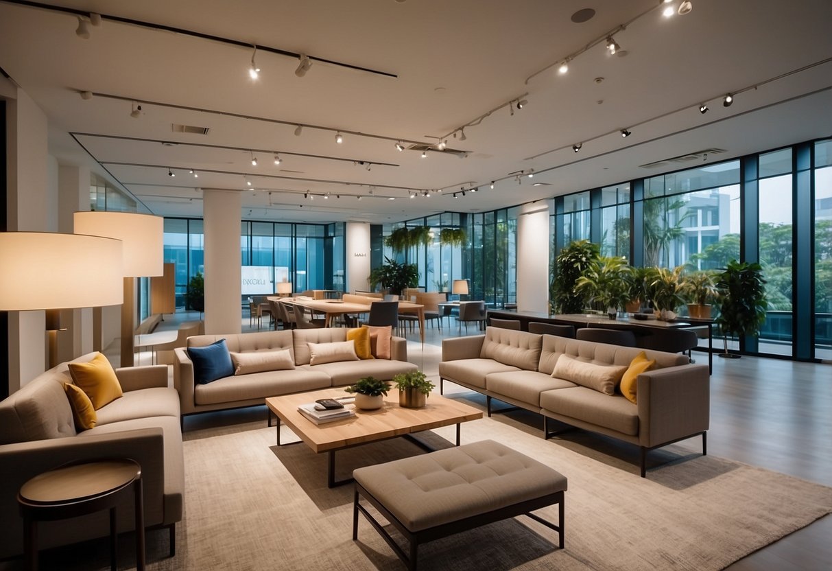 A spacious showroom displays modern Knoll furniture collections in Singapore. Bright lighting accentuates the clean lines and elegant designs