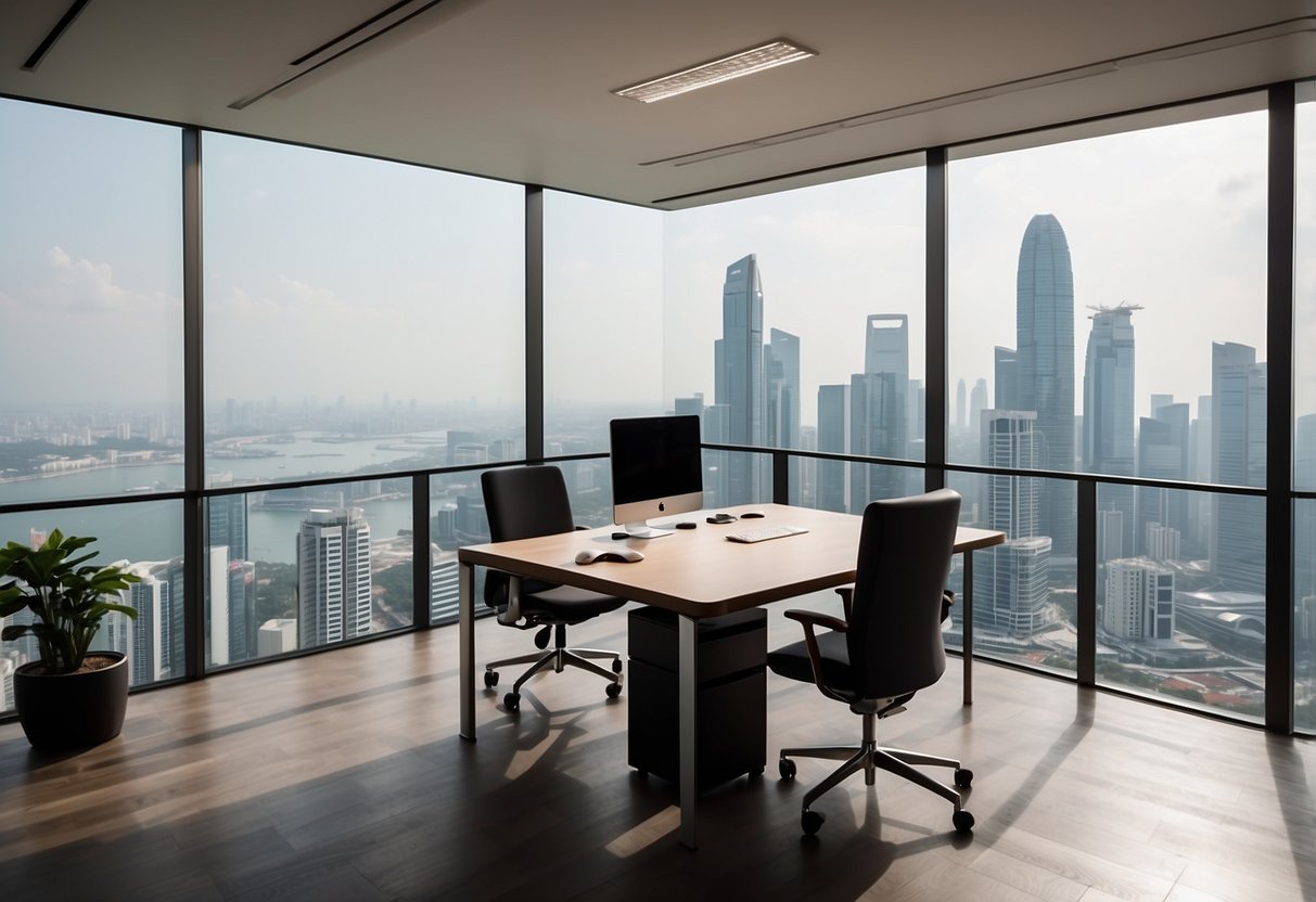A modern, minimalist office space in Singapore, featuring sleek Knoll furniture and a panoramic view of the city skyline