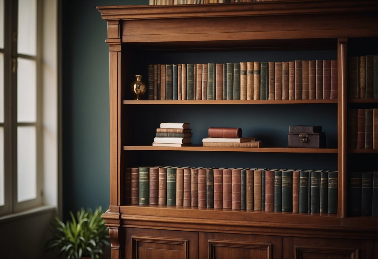 A bookshelf with a hidden compartment. The top shelf slides to reveal a safe