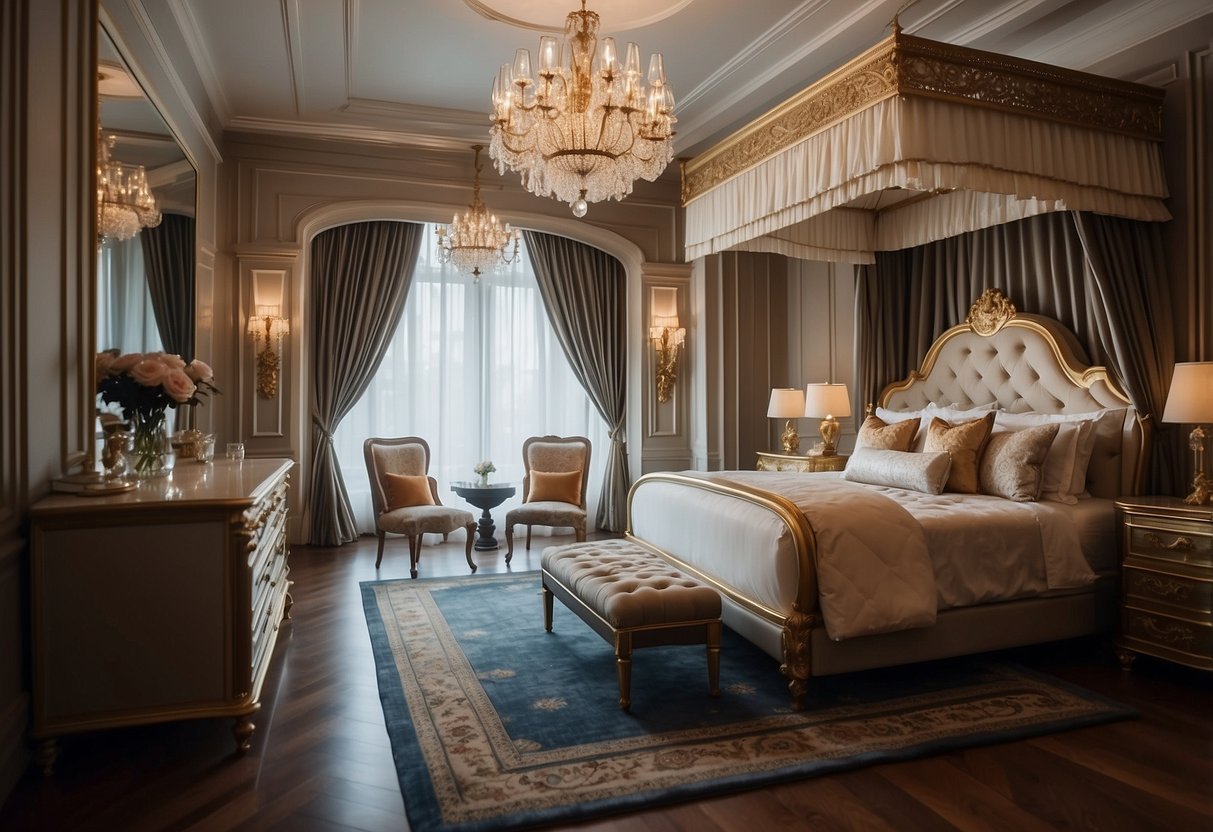 A luxurious bedroom with a regal canopy bed, ornate dressers, and elegant chandeliers, fit for a princess in Singapore