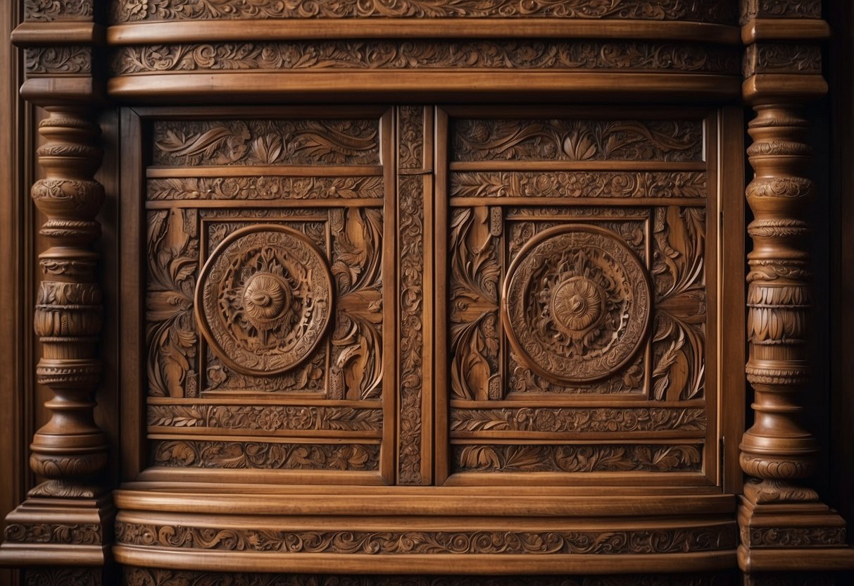 A wooden cabinet with intricate carvings conceals a hidden compartment. The craftsmanship is evident in the detailed design and seamless integration of the safe
