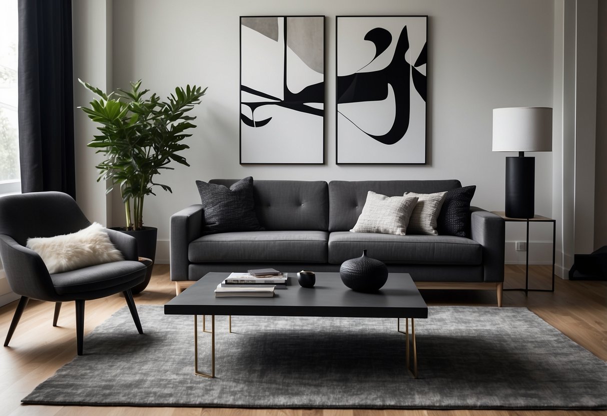 A modern living room with a sleek, minimalist design. A pointy, angular sofa and coffee table create a sharp, edgy feel. A geometric rug and abstract art add to the contemporary vibe