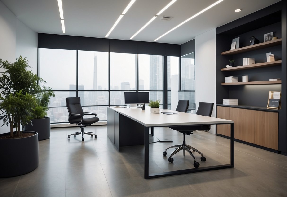 A modern office setting with sleek, minimalist furniture. A customer service representative assists a client with a smile