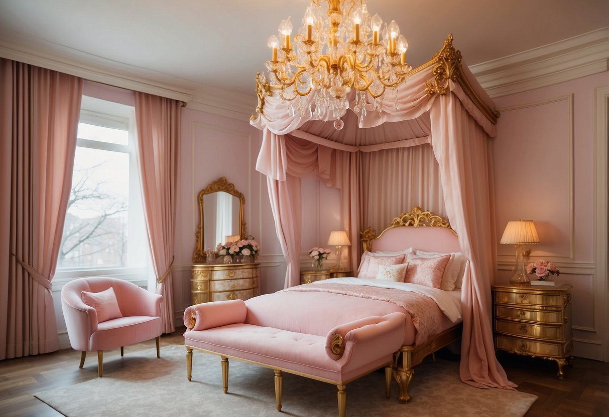 A princess-themed bedroom with a canopy bed, pink and gold furniture, a vanity table, and a chandelier