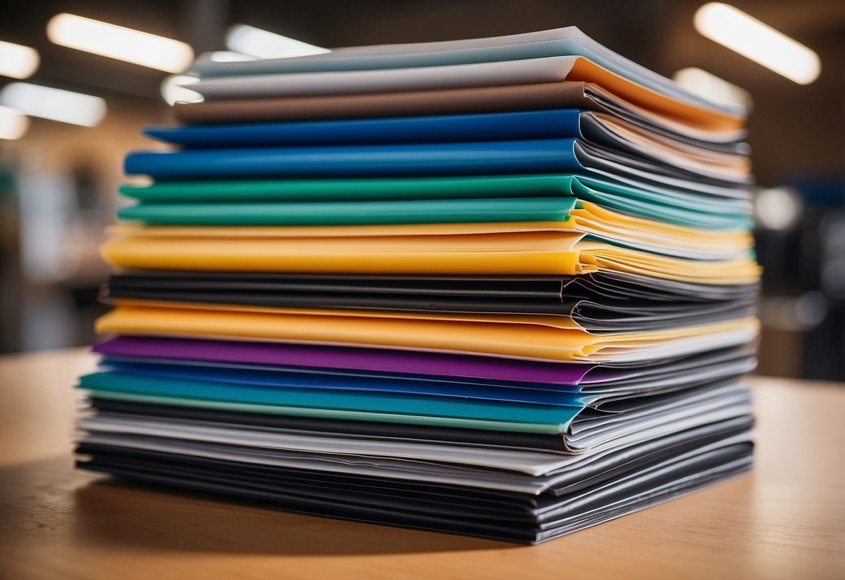 A stack of PVC sheets in various sizes and colors, with price tags displayed prominently