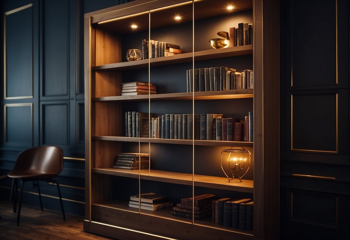 A bookshelf swings open to reveal a hidden safe compartment. The room is dimly lit, with the safe furniture blending seamlessly into the decor
