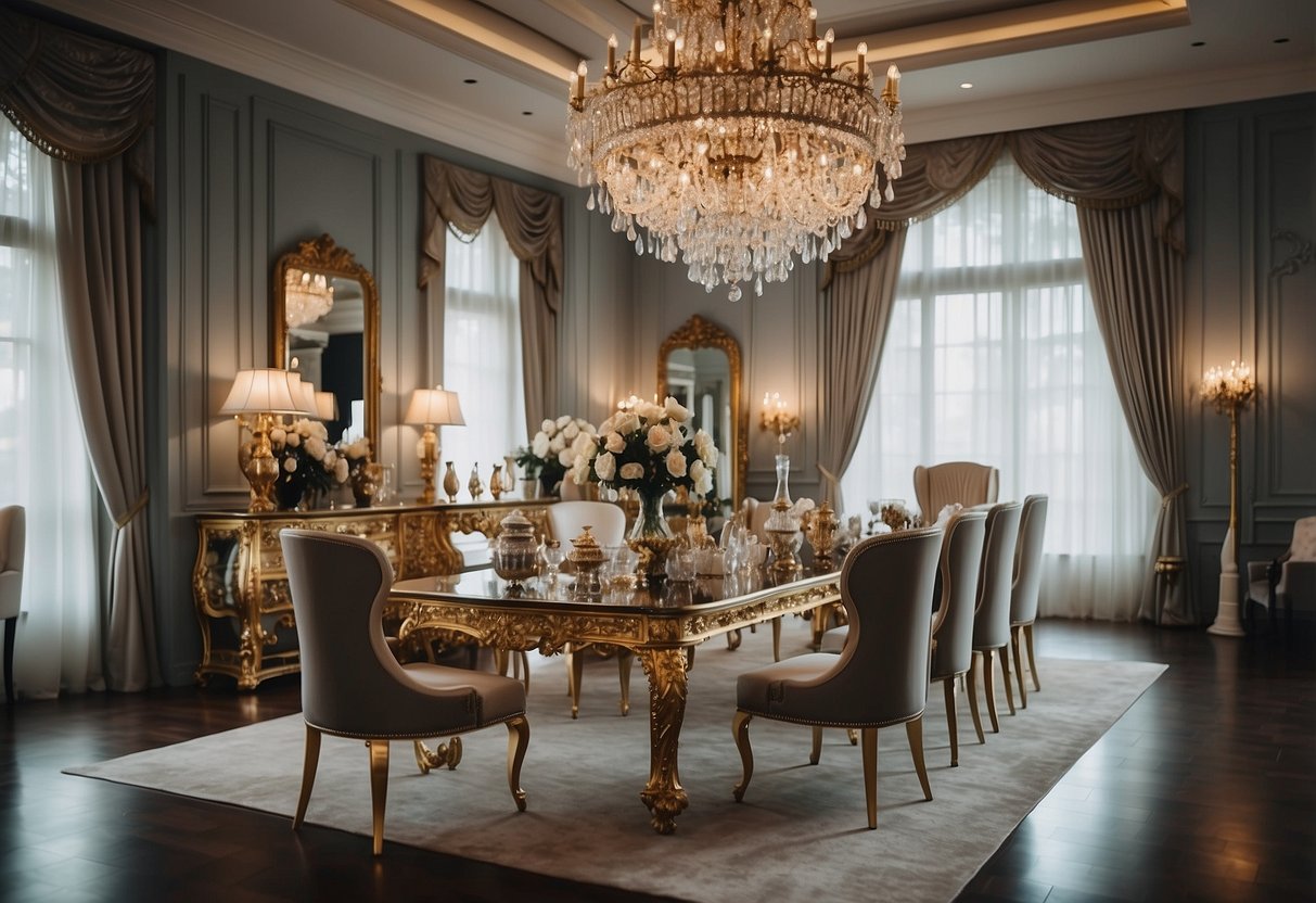 A luxurious showroom with ornate princess furniture, sparkling chandeliers, and elegant drapery in Singapore