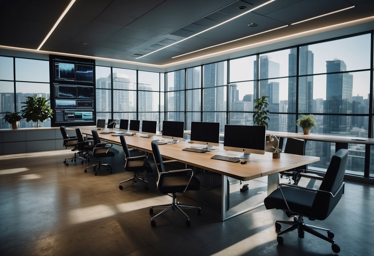 A modern office with sleek furniture, world maps, and digital project displays