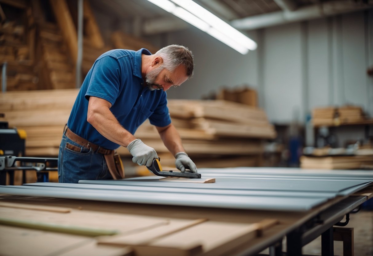 A carpenter cuts PVC sheets for furniture, measuring and shaping them with precision tools. The sheets are stacked neatly, ready for assembly