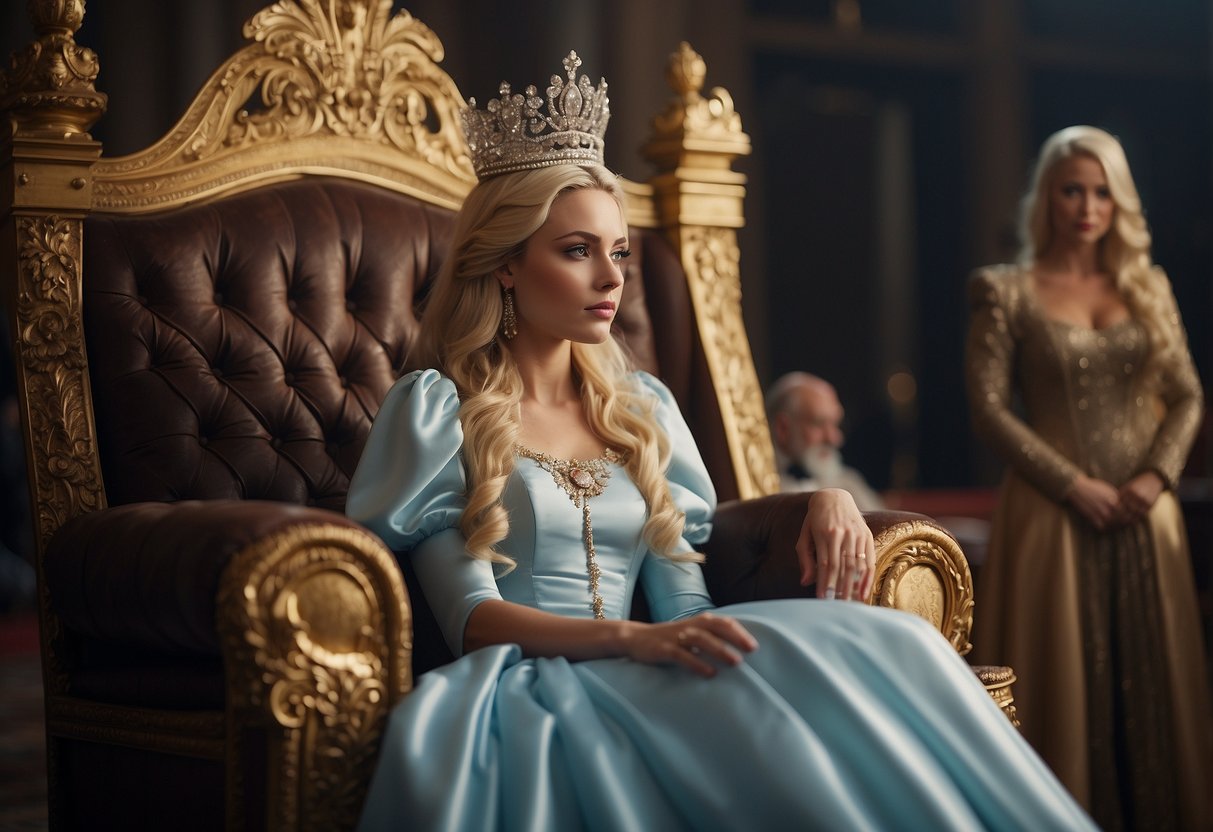 A princess sitting on a throne surrounded by luxurious furniture, with a crown on her head, answering questions from a group of curious onlookers
