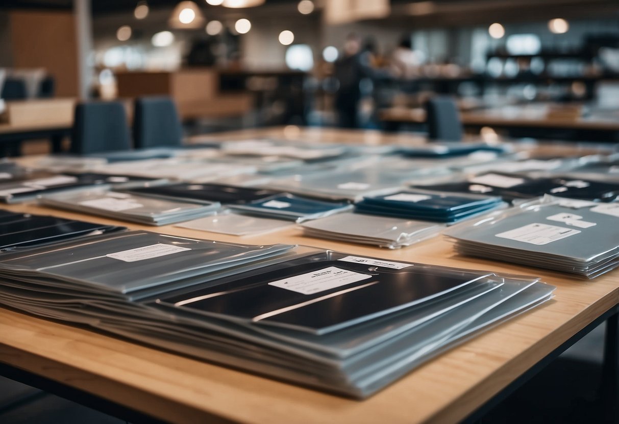 A table with various sizes of PVC sheets, price tags, and a sign with purchasing tips for furniture