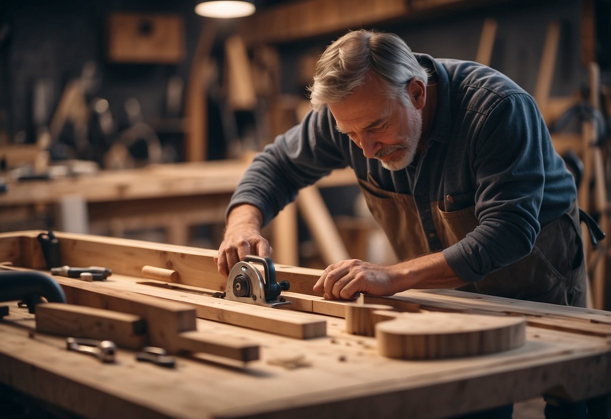 A carpenter constructs basic furniture with tools and wood in a workshop