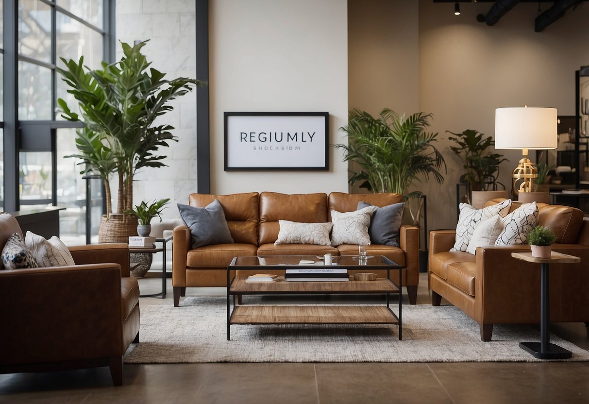 The furniture showroom displays a "Frequently Asked Questions" sign next to various pieces, creating a helpful and informative atmosphere