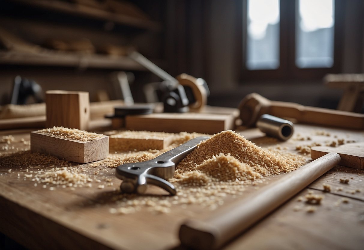 A workbench with tools, wood planks, and a blueprint for a chair. Sawdust and wood shavings scattered on the floor