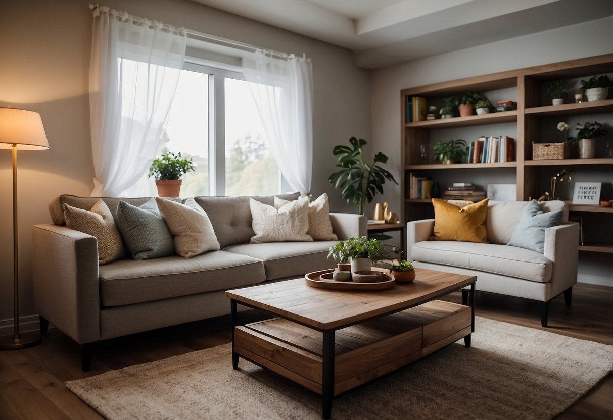 A cozy living room with a plush sofa, coffee table, and bookshelf. A dining area with a table and chairs. A bedroom with a bed, nightstands, and a dresser